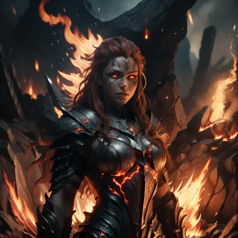 RAW photo, (high detailed skin, detailed eyes:1.1), intricate details, best quality, 8k uhd, soft lighting, fire giant, 1girl, armor, red hair, breastplate, colored skin, flaming eye, full armor, glowing eyes, molten rock, orange hair  <lora:RPGFireGiant:1>