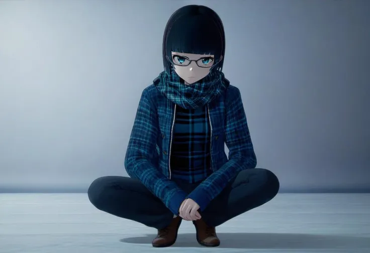score_9, score_8_up, score_7_up, score_6_up, score_5_up, score_4_up,  <lora:Makoto_from_LiL_for_PonyXL:0.8>, makoto, solo, glasses, blue scarf, looking at viewer, bangs, plaid scarf, blunt bangs, glare, full body, blue jacket, black jeans, looking at viewer