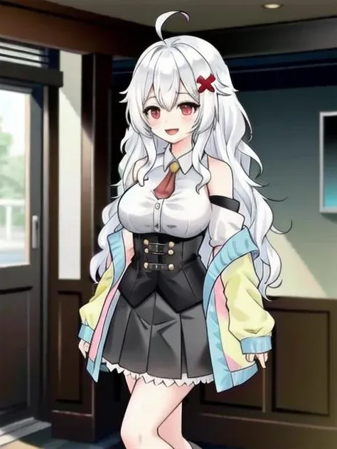 1girl, full body, ahoge, white hair, bangs, bare shoulders, breasts, hair between eyes, hair ornament, large breasts, long hair, red eyes, hair ornament, BREAK, white shirt, looking at viewer, off shoulder, open mouth, pleated skirt, black skirt, sleeveless, sleeveless shirt, sleeves past wrists, smile, solo, virtual youtuber, boots, black socks, legwears, indoors, jacket <lora:ErisLora-10:0.6>