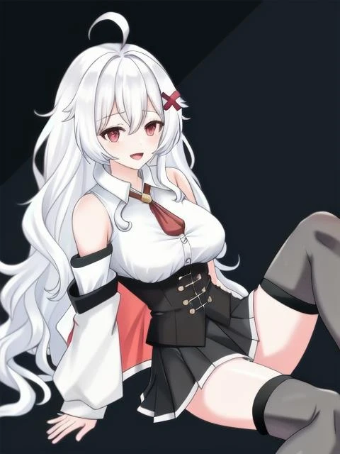 1girl, full body, ahoge, white hair, bangs, bare shoulders, breasts, hair between eyes, hair ornament, large breasts, long hair, red eyes, hair ornament, BREAK, white shirt, looking at viewer, off shoulder, open mouth, pleated skirt, black skirt, sleeveless, sleeveless shirt, sleeves past wrists, smile, solo, virtual youtuber, boots, black socks, legwears <lora:ErisLora-10:0.6>