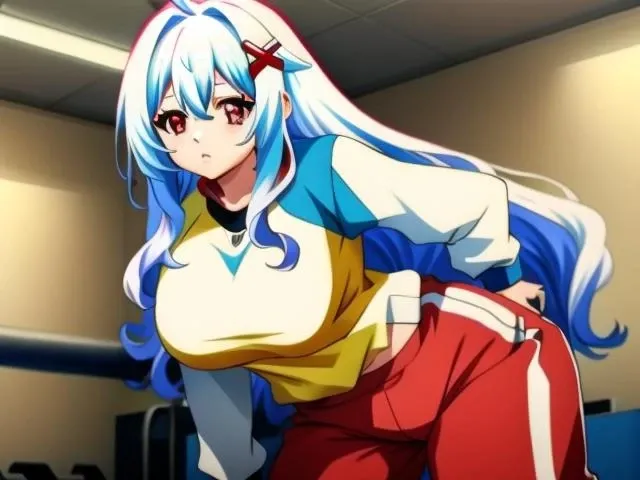 1girl, detailed eyes, ahoge, bangs, breasts, hair between eyes, long hair, hair ornament, (white hair), x-hair-ornament, red eyes, BREAK, breasts, indoors, gym, long breasts, looking at viewer, anime colored, hips, thick, ((sportswear)) <lora:colorify:1> <lyco:GoodHands-beta2:0.75> <lora:ErisLora-10:0.6>
