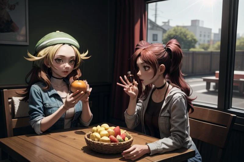 <lora:bianca3:1>, <lora:risekujikawa:1>, <lora:add_detail:1>, <lora:LowRA:0.35>, bianca and risekujikawa are in the dining room, fruit, bottle, food, paper bag, sunlight