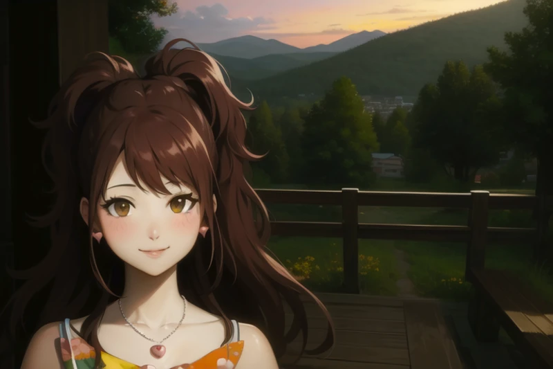 risekujikawa, happy, (smile:1.3), blush, orange sundress, bare shoulders, (heart necklace:1.3), pearl earrings, pavilion, palisade, table, bench, park, greenery, mountainous horizon, city below, close-up portrait, evening, looking at viewer, frontal view  <lora:risekujikawa:1>, Highly detailed, High Quality, Masterpiece, beautiful, sharp focus, shiny skin, best quality, perfect anatomy:1.4, high detailed, volumetric lighting, realistic, 8k, highres, lineart, sketch, best quality, (masterpiece:1.4), (highest quality:1.4), (sharp focus:1.2), (colored:1.3), (digital painting:1.1), 8k wallpaper