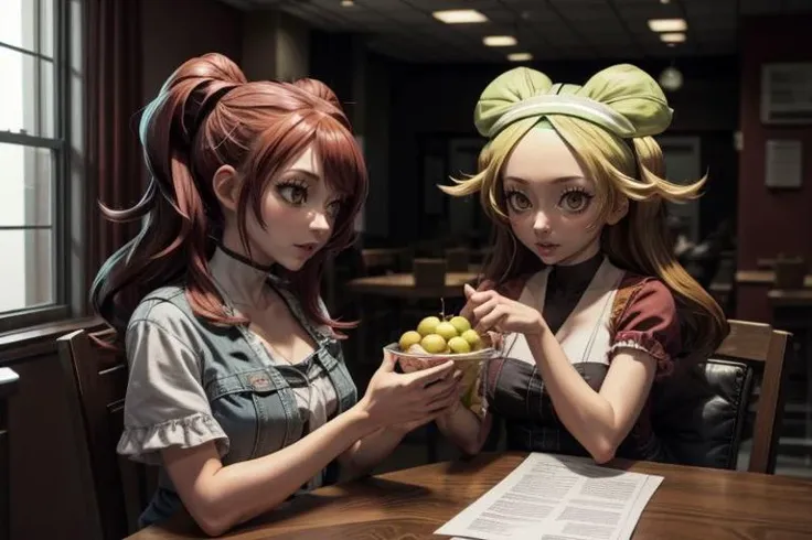 <lora:bianca3:1>, <lora:risekujikawa:1>,  <lora:add_detail:1>, <lora:LowRA:0.35>, bianca and risekujikawa are in the dining room, fruit, bottle, food, paper bag, sunlight