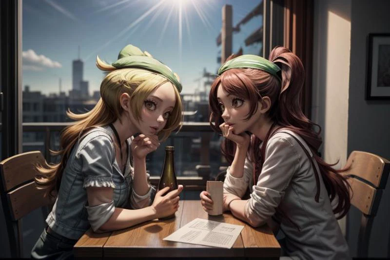 <lora:bianca3:1>, <lora:risekujikawa:1>, <lora:add_detail:1>, <lora:LowRA:0.35>, bianca and risekujikawa are in the dining room, fruit, bottle, food, paper bag, sunlight