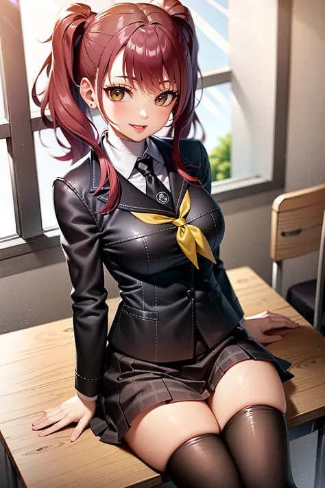 masterpiece,1 girl,solo,risekujikawa,smile,(yellow neckerchief,black plaid skirt,black blazer,black thigh highs,school uniform,:1.2),black thigh highs,school classroom, sitting,on desk <lora:risekujikawa:1>