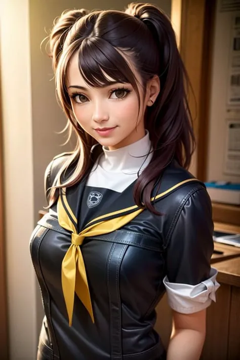 (realistic:1.5),1 girl,solo,risekujikawa,smile,school uniform,yellow neckerchief,  <lora:risekujikawa:1>