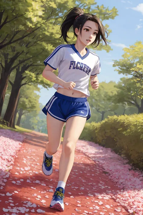 high quality,
1girl,teenager,beautiful,sportswear,running,
flowers and petals are scattered everywhere.,