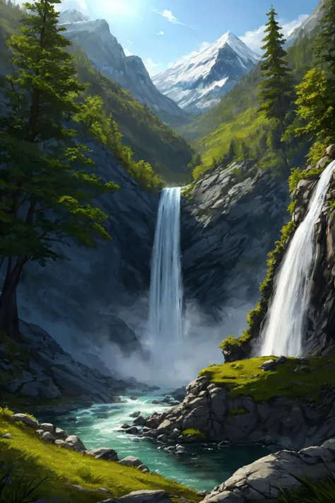 high quality,
landscape, mountain, misty, (waterfall:1.1), huge tree
