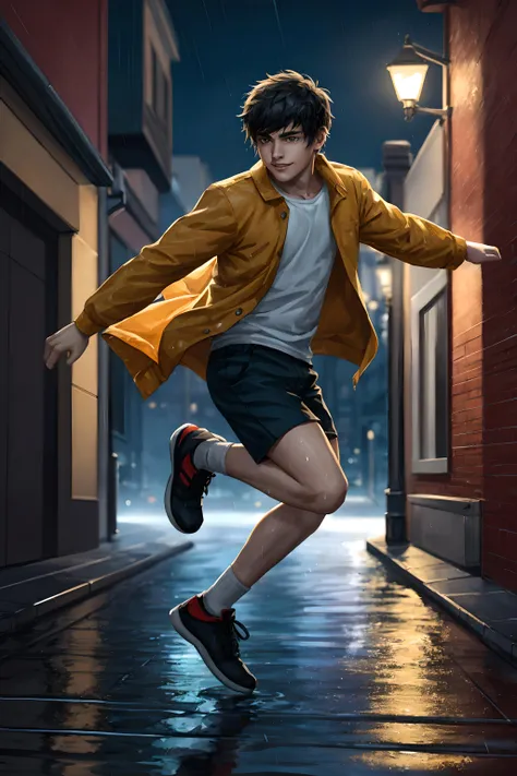 high quality, 1boy, dancing, night street, rain, wet, light