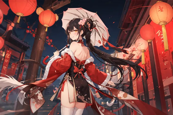 (masterpiece:1.2),best quality,PIXIV,
Spring Festival,1girl,solo,Chinese clothes,umbrella,long hair,twintails,holding umbrella,holding,lantern,bangs,thighhighs,oil-paper umbrella,looking at viewer,hair ornament,fur trim,white thighhighs,fish,looking back,bare shoulders,flower,dress,east asian architecture,outdoors,paper lantern,cowboy shot,closed mouth,hair flower,ribbon,standing,red ribbon,architecture,blurry,yellow eyes,long sleeves,breasts,blush,very long hair,floral print,koi,off shoulder,red dress,smile,frills,depth of field,<lora:Spring Festival_20240207100310-000018:0.5>,