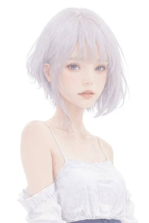 1girl,solo,realistic,lips,masterpiece,best quality,skin texture,Camisole,Kimono,milestone celebration,white background,camisole,upper body,Pink coat,Gray Hair, short hair,