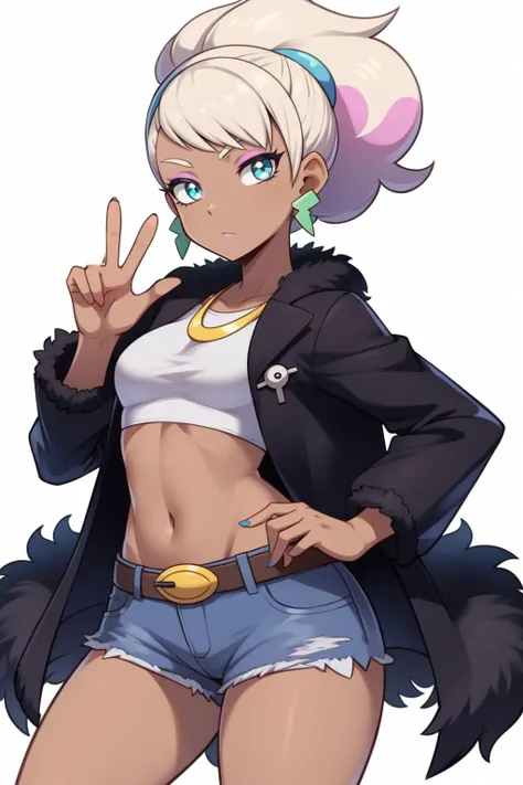 <lora:PKMN_Peonia-DEF:0.6> peonia (pokemon), dark skin, makeup, two-tone hair, gyaru, jewelry, fur jacket, crop top, shorts, loose belt, peace hand gesture, cowboy shot, white background