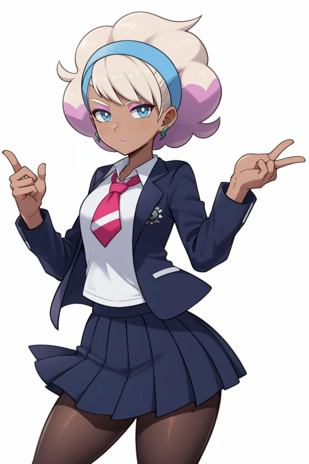 <lora:PKMN_Peonia-DEF:0.8> peonia (pokemon), dark skin, makeup, two-tone hair, hairband, jacket, school uniform, pleated skirt, pantyhose, cowboy shot, white background
