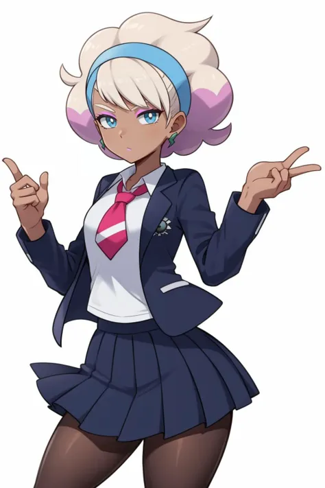 <lora:PKMN_Peonia-DEF:0.8> peonia (pokemon), dark skin, makeup, two-tone hair, hairband, jacket, school uniform, pleated skirt, pantyhose, cowboy shot, white background