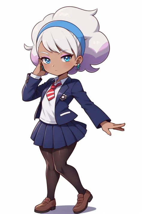 <lora:PKMN_Peonia-DEF:0.7> peonia (pokemon), dark skin, makeup, two-tone hair, jacket, pleated skirt, pantyhose, school uniform, full body, chibi style, white background