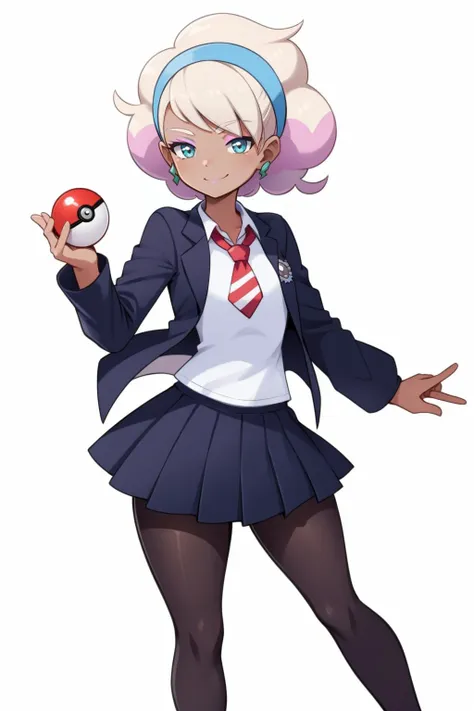 <lora:PKMN_Peonia-DEF:0.8> peonia (pokemon), dark skin, makeup, two-tone hair, hairband, smile, holding poke ball, jacket, school uniform, pleated skirt, pantyhose, cowboy shot, white background