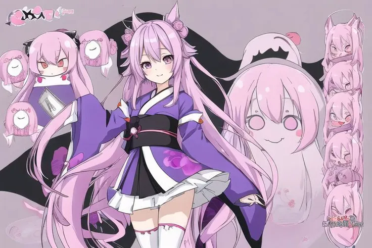 anime girl, character sheet, whisps, ghost, yurei, kimono, purple, pink, long hair, yokai, traditional clothes, thigh high socks, genshin impact, detailed design, grey background