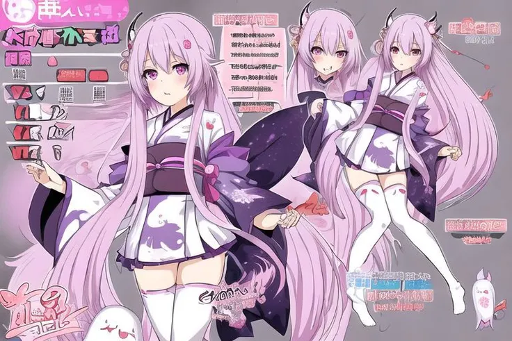 anime girl, character sheet, whisps, ghost, yurei, kimono, purple, pink, long hair, yokai, traditional clothes, thigh high socks, genshin impact, detailed design, grey background