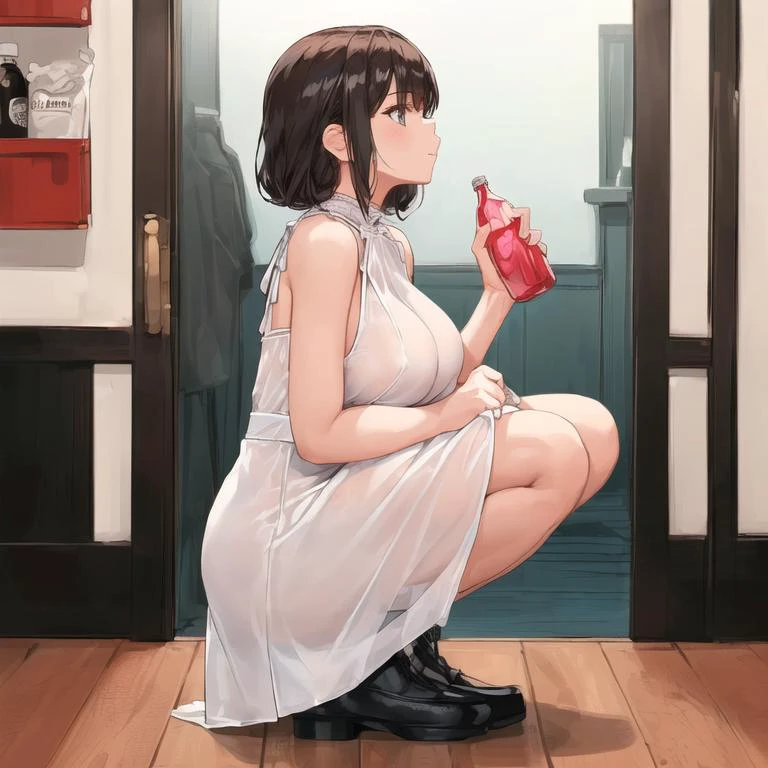 1girl, detailed face, ultra high res, 8k, 3/4_shot, cowboy_shot, perfect body, perfect breasts, <lora:add_detail:0.45>, , cinematic lighting, film grain, 
(squatting, in a candy shop, a girl is looking at bottles of candy:1.2), bare arms, [ : (huge breasts, gigantic-long-sagging-breasts:1.2) : 8], midi skirt <lora:Tent_Dress_1.0:0.9>white (tent_dress:1.3),  (see_through silhouette, transparent clothes :1.05), covered nipples,  close up , from side , indoor, masterpiece, perfect anatomy, (perfect hand:0.6)