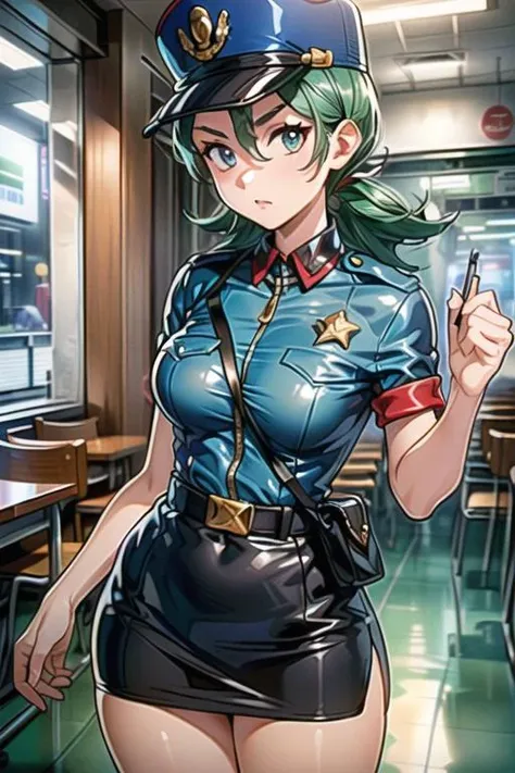 (1girl, solo:1.2),, detailed face, high res, best quality, ultra-detailed, 8k, official art,extremely detailed CG, perfect body, <lora:add_detail:0.65>, beautiful face, ray tracing,
<lora:OFFICERJ-15:0.85:lbw=MIDD_OUT0.5> officer jenny, low contrast, detailed skin, green hair, 3/4_shot, cowboy_shot, hat , perfect body, latex texture, belt , pencil skirt, masterpiece, perfect anatomy, (perfect hand:0.6)
