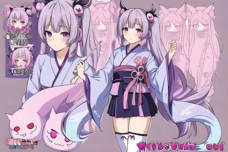 anime girl, character sheet, whisps, ghost, yurei, kimono, purple, pink, long hair, yokai, traditional clothes, thigh high socks, genshin impact, detailed design, grey background
