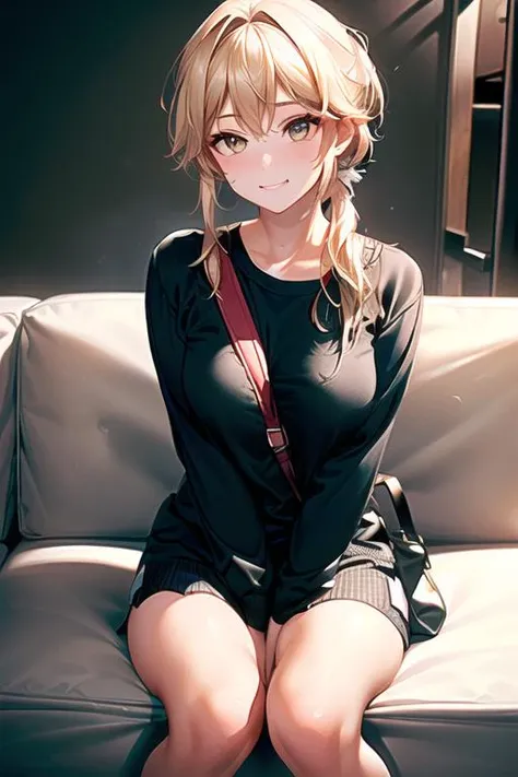 solo, 1girl, detailed face, high res, best quality, ultra-detailed, 8k,
 sitting on sofa, cross legs, view from above, luxury room ,  <lora:add_detail:0.65> , medium breasts,  rainy day out side windows, 
 <lora:Honkai_Star_Rail_Yangqing-000019:1:lbw=Yangqing>, golden eyes, short ponytail, blonde hair,  sweater,   <lora:paisura_1.0_OUT34:0.9> (paisura, striped_bag, strap_between_breasts:1.25),, masterpiece, perfect anatomy, (perfect hand:0.6)