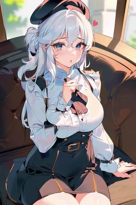 SFW, solo, 1girl, detailed face, high res, best quality, ultra-detailed, 8k,  <lora:add_detail:0.35>, detailed face, 
girl with Beret Cap, 3/4_shot, cowboy_shot, simple Beret Cap, ill-fitting, (milf:1.3),  AS-MidAged, a girl sitting in coffee shop , (blouse|shirt:1.2) , maxi skirt , [ : medium breast : 0.5], 
<lora:jing_yuan:1:1:lbw=jing_yuan>, (white hair:1.1), curly hair, topknot, golden eyes, :o, heart hand, masterpiece, perfect anatomy, (perfect hand:0.6)