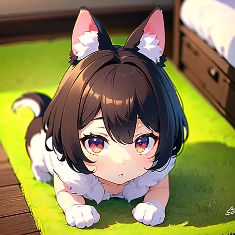 [indoor  : HDR, beautiful face, highres, natural hair : 0.35], highres, best quality, ultra-detailed, 8k, full body, 
[[cute_dog:1.25|girl with animal ear] :  solo, dog girl , detailed face:0.25], [dynamic angle, cute_dog:1.2, on all four: cute_dog: 0.35], from above, masterpiece, [perfect anatomy, (perfect hand:0.6) :  (perfect hand:0.8): 0.1]
