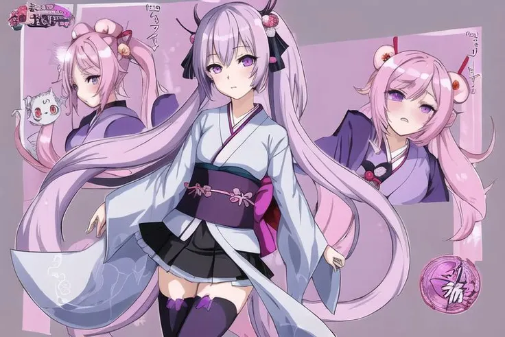 anime girl, character sheet, whisps, ghost, yurei, kimono, purple, pink, long hair, yokai, traditional clothes, thigh high socks, genshin impact, detailed design, grey background