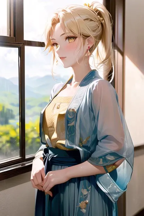 (1girl:1.1), high res, best quality, ultra-detailed, 8k, perfect body, HDR, detailed face, 
luxury room , <lora:add_detail:0.45> , medium breasts, rainy day out side windows,
 <lora:Honkai_Star_Rail_Yangqing:0.95:lbw=Yangqing> (golden eyes, short ponytail:1.25), blonde hair, blush, night, 
 <lora:songzhi:0.8> hanfu, hair ornament, chinese dress, long skirt,  hakama, makeup, [ : earrings: 0.1], masterpiece, perfect anatomy, (perfect hand:0.6)