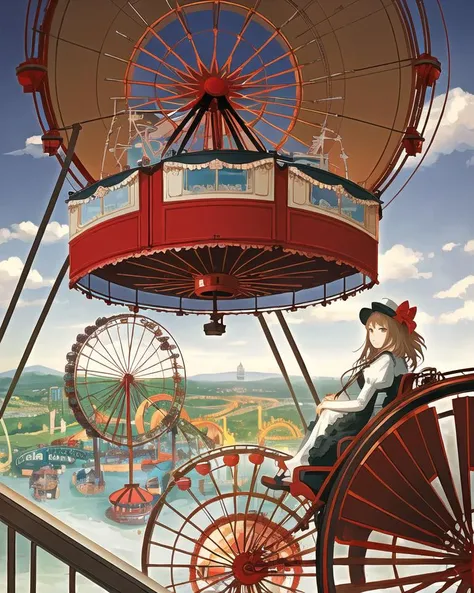 carriage of Ferris_wheel , illustration , landscape below,
view from carriage , a girl sitting in carriage , glass windows, theme park