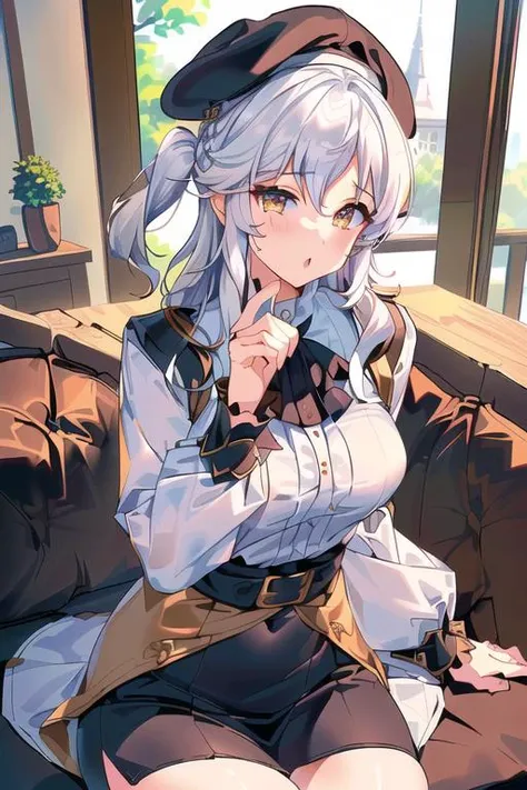 SFW, solo, 1girl, detailed face, high res, best quality, ultra-detailed, 8k,  <lora:add_detail:0.35>, detailed face, 
girl with Beret Cap, 3/4_shot, cowboy_shot, simple Beret Cap, ill-fitting, (milf:1.3),  AS-MidAged, a girl sitting in coffee shop , (blouse|shirt:1.2) , maxi skirt , [ : medium breast : 0.5], 
<lora:jing_yuan:1:1:lbw=jing_yuan>, (white hair:1.1), curly hair, topknot, golden eyes, :o, heart hand, masterpiece, perfect anatomy, (perfect hand:0.6)
