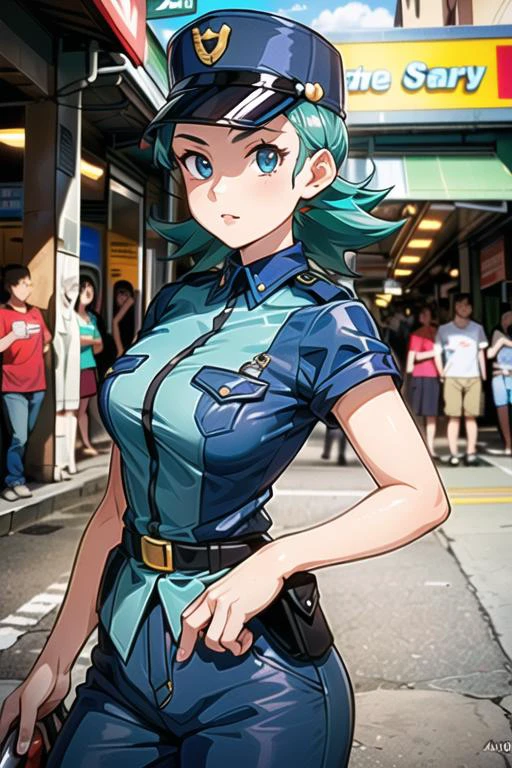 (1girl, solo:1.2),, detailed face, high res, best quality, ultra-detailed, 8k, official art,extremely detailed CG, perfect body, <lora:add_detail:0.65>, beautiful face, ray tracing,
<lora:OFFICERJ-15:0.85:lbw=MIDD_OUT0.5> officer jenny, low contrast, detailed skin, green hair, 3/4_shot, cowboy_shot, hat, masterpiece, perfect anatomy, (perfect hand:0.6)