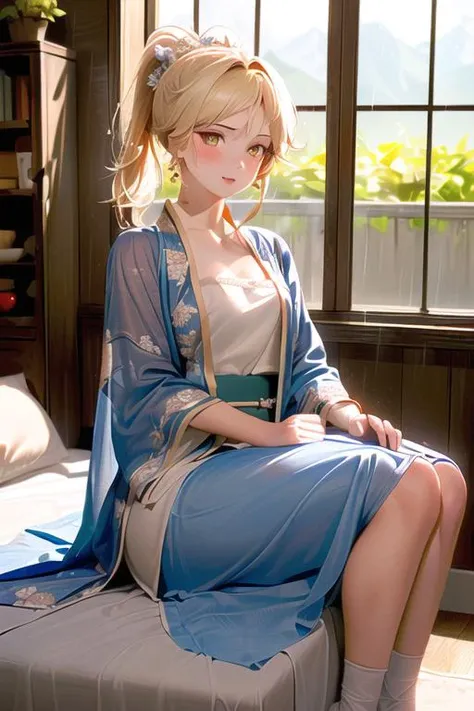 (1girl:1.1), high res, best quality, ultra-detailed, 8k, perfect body, HDR, detailed face,
luxury room , <lora:add_detail:0.45> , medium breasts, rainy day out side windows,
<lora:Honkai_Star_Rail_Yangqing:0.9:lbw=Yangqing> (golden eyes, short ponytail:1.25), blonde hair, blush, night,
<lora:songzhi:0.8> hanfu, hair ornament, chinese dress, long skirt, hakama, makeup, masterpiece, perfect anatomy, (perfect hand:0.6)