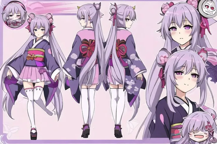anime girl, character sheet, whisps, ghost, yurei, kimono, purple, pink, long hair, yokai, traditional clothes, thigh high socks, genshin impact, detailed design, grey background