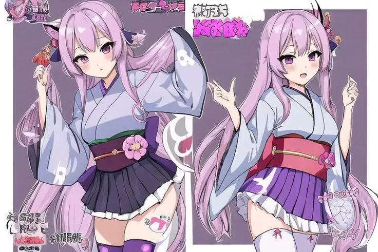 anime girl, character sheet, whisps, ghost, yurei, kimono, purple, pink, long hair, yokai, traditional clothes, thigh high socks, genshin impact, detailed design, grey background