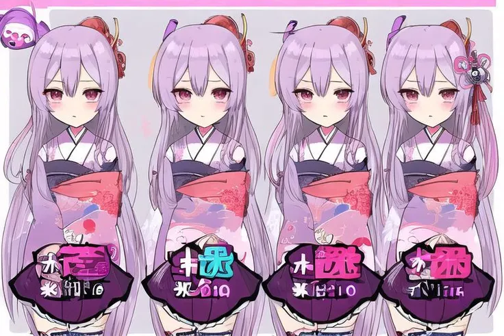 anime girl, character sheet, whisps, ghost, yurei, kimono, purple, pink, long hair, yokai, traditional clothes, thigh high socks, genshin impact, detailed design, grey background