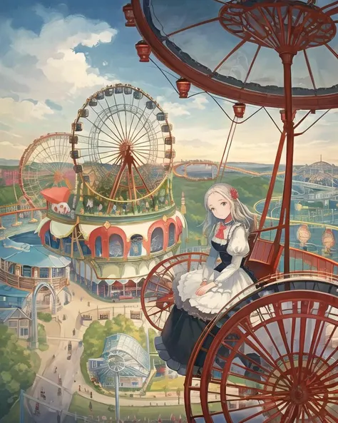 carriage of Ferris_wheel , illustration , landscape below,
view from carriage , a girl sitting in carriage , glass windows, theme park