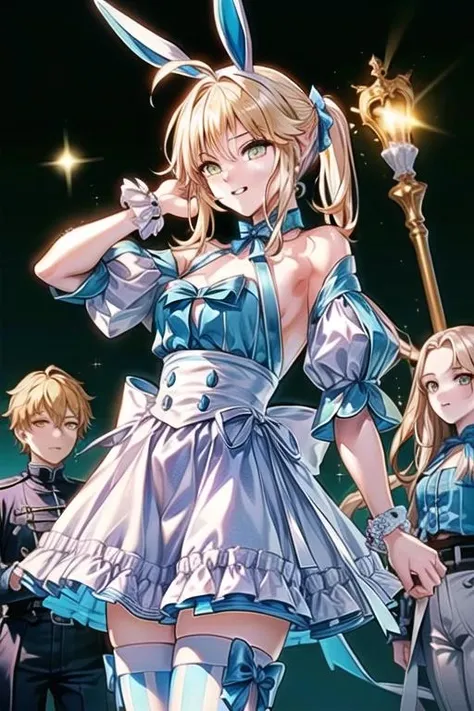 solo, detailed face, high res, best quality, ultra-detailed, 8k, official art,extremely detailed CG, perfect body, <lora:add_detail:0.8>, beautiful face,
<lora:Honkai_Star_Rail_Yangqing-000019:0.9:lbw=Yangqing>,( golden eyes:1.2), twintail, blonde hair, 3/4_shot, cowboy_shot,
<lora:ArtoriaCasterSwimsuitSecondAscension:0.85> rabbit ears, criss-cross halter , mismatched thighhighs , detached short puffy sleeves, apron, bow, wrist cuffs, puffy frills skirt, deep_v,, masterpiece, perfect anatomy, (perfect hand:0.6)