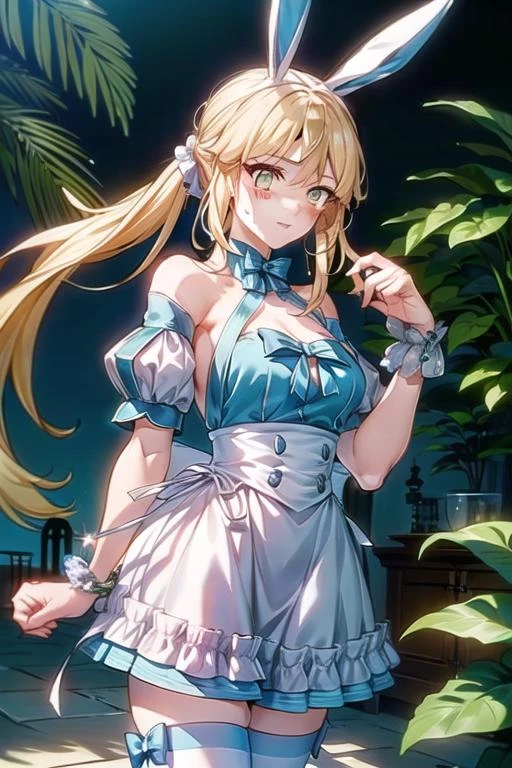 solo, detailed face, high res, best quality, ultra-detailed, 8k, official art,extremely detailed CG, perfect body, <lora:add_detail:0.45>, beautiful face,
<lora:Honkai_Star_Rail_Yangqing-000019:0.9:lbw=Yangqing>,( golden eyes:1.2), twintail, blonde hair, 3/4_shot, cowboy_shot,
<lora:ArtoriaCasterSwimsuitSecondAscension:0.85> rabbit ears, criss-cross halter , mismatched thighhighs , detached short puffy sleeves, apron, bow, wrist cuffs, puffy frills skirt, deep_v,, masterpiece, perfect anatomy, (perfect hand:0.6)