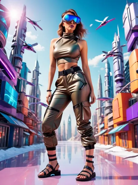 A curvy woman in a cropped cargo pants, mock neck top, gladiator sandals, ski goggles , made out of virtual reality holo-leather, vivid colors, futuristic city background <lora:stylesqueeze_v3_xl:0.8>