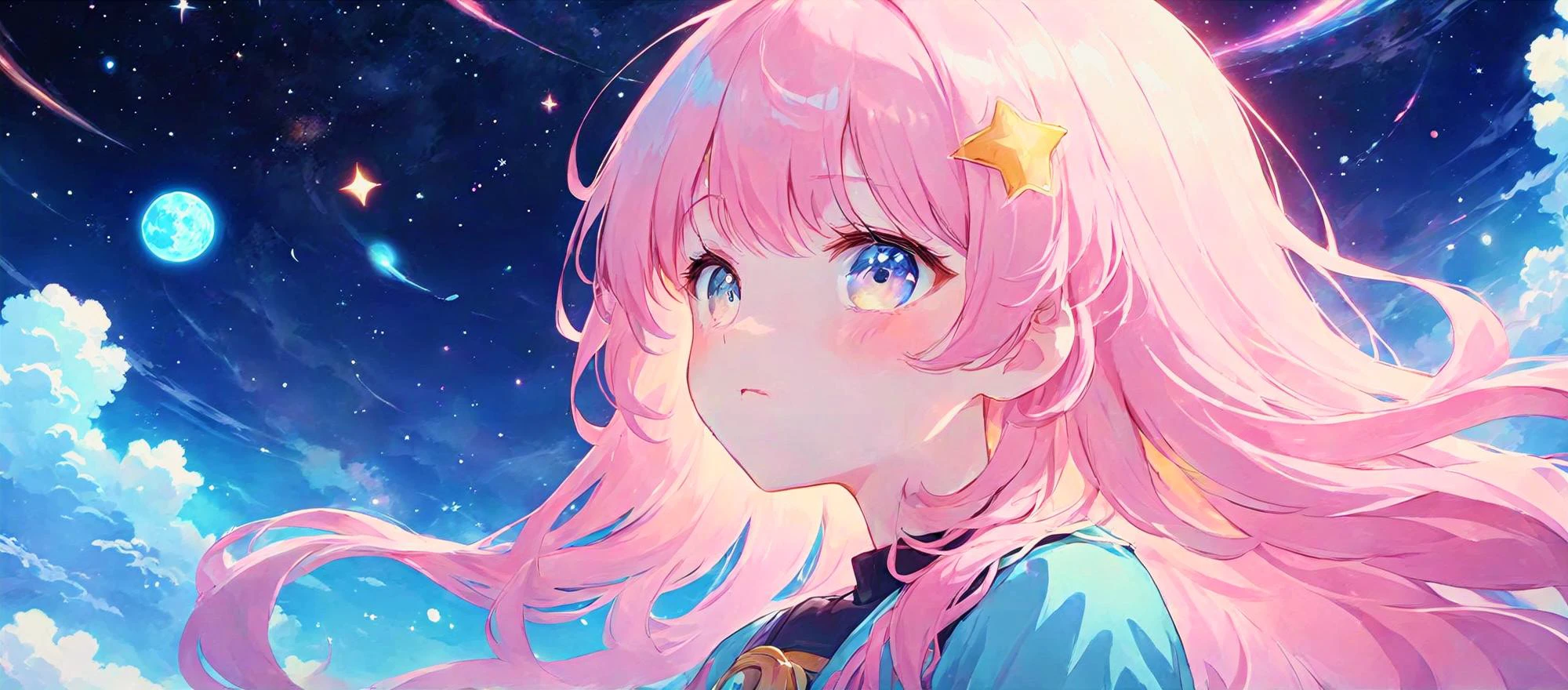 ((masterpiece)), (best quality), (ultra detailed), (digital), cute anime girl, adult, multi-color ombre long hair, hair changes color with respect to length. blushing, freckles, Japanese animation style, anime, intricate, elaborate detail, ((vivid)) colors, high saturation <lora:anime_sdxl_v1:0.9> anime, dreamlike, astral, space-themed, planets, moon, stars, clouds, very colorful clouds cover the vast dark bleak space background. Artistic. Abstract. Finely detailed. (( IMPACT )) (( CHAOTIC )) (( SPECTACULAR )) (( TURBULENT SKIES )) (( GIANT, BILLOWING, MULTI-COLOR PASTEL CLOUDS )) <lora:KawaiiTechXL-0000016:0.8> kawaiitech, cute pastel colors and symbols <lora:stylesqueeze_v3_xl:0.6>