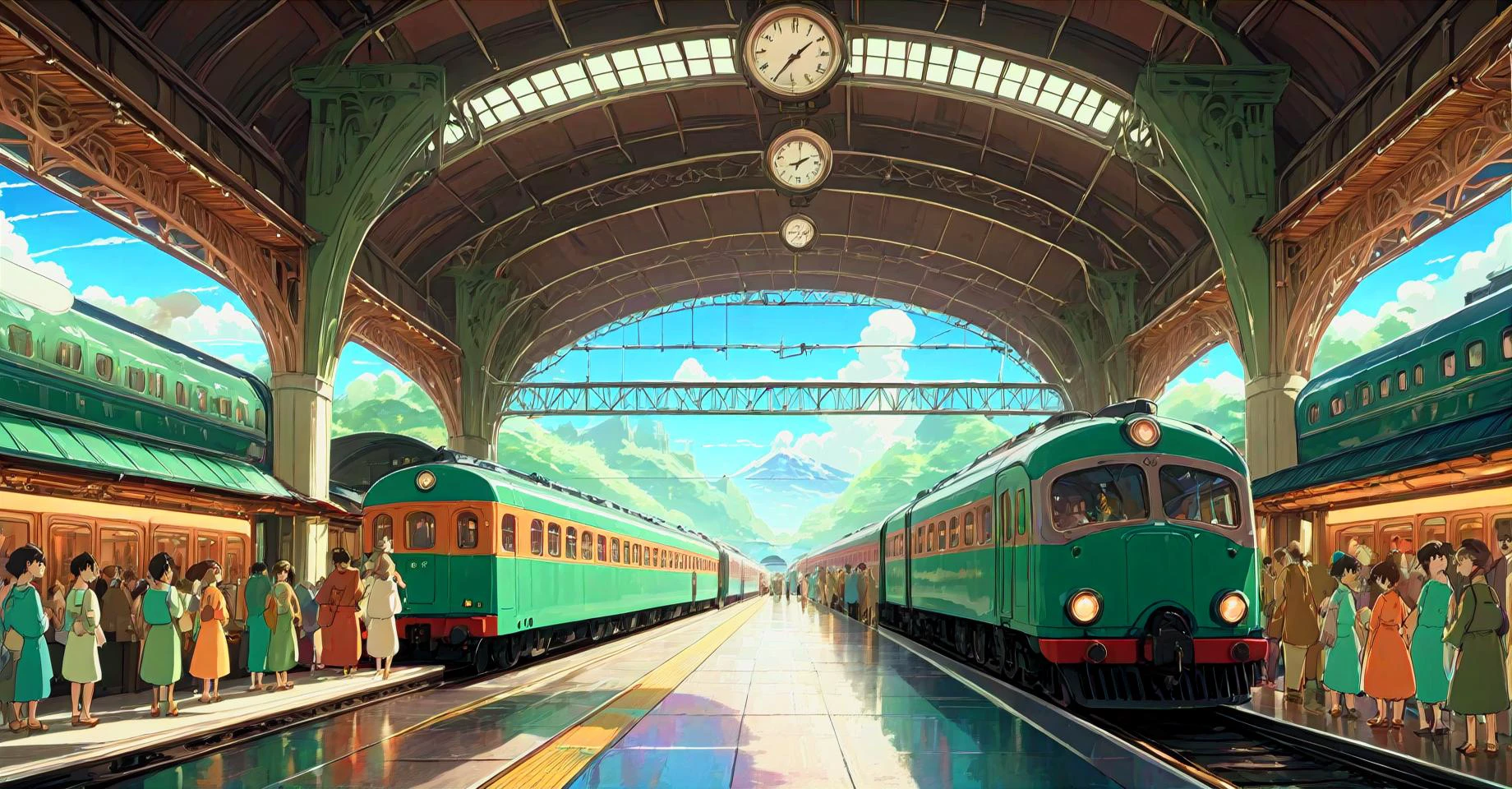 ((masterpiece.)) An extremely beautifully designed Train Station, welcoming an incoming train as passengers line up. Very detailed, vivid colors, high saturation, high contrast. <lora:extremely_detailed:0.4> extremely detailed <lora:stylesqueeze_v3_xl:0.75> <lora:Studio Ghibli Style:1.0> Studio Ghibli Style