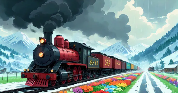 ((masterpiece.)) A steam-powered steampunk train engine chugs clouds of black smoke, while towing several matching box and cargo units behind it. The train traverses a field of vibrantly colored flowers on one side, and an epic wintery snowy mountain on the opposite side facing the camera. Stormy, unpleasant weather -- rain, light winds. Dreary weather. <lora:extremely_detailed:0.4> extremely detailed <lora:stylesqueeze_v3_xl:0.75> <lora:Studio Ghibli Style:1.0> Studio Ghibli Style