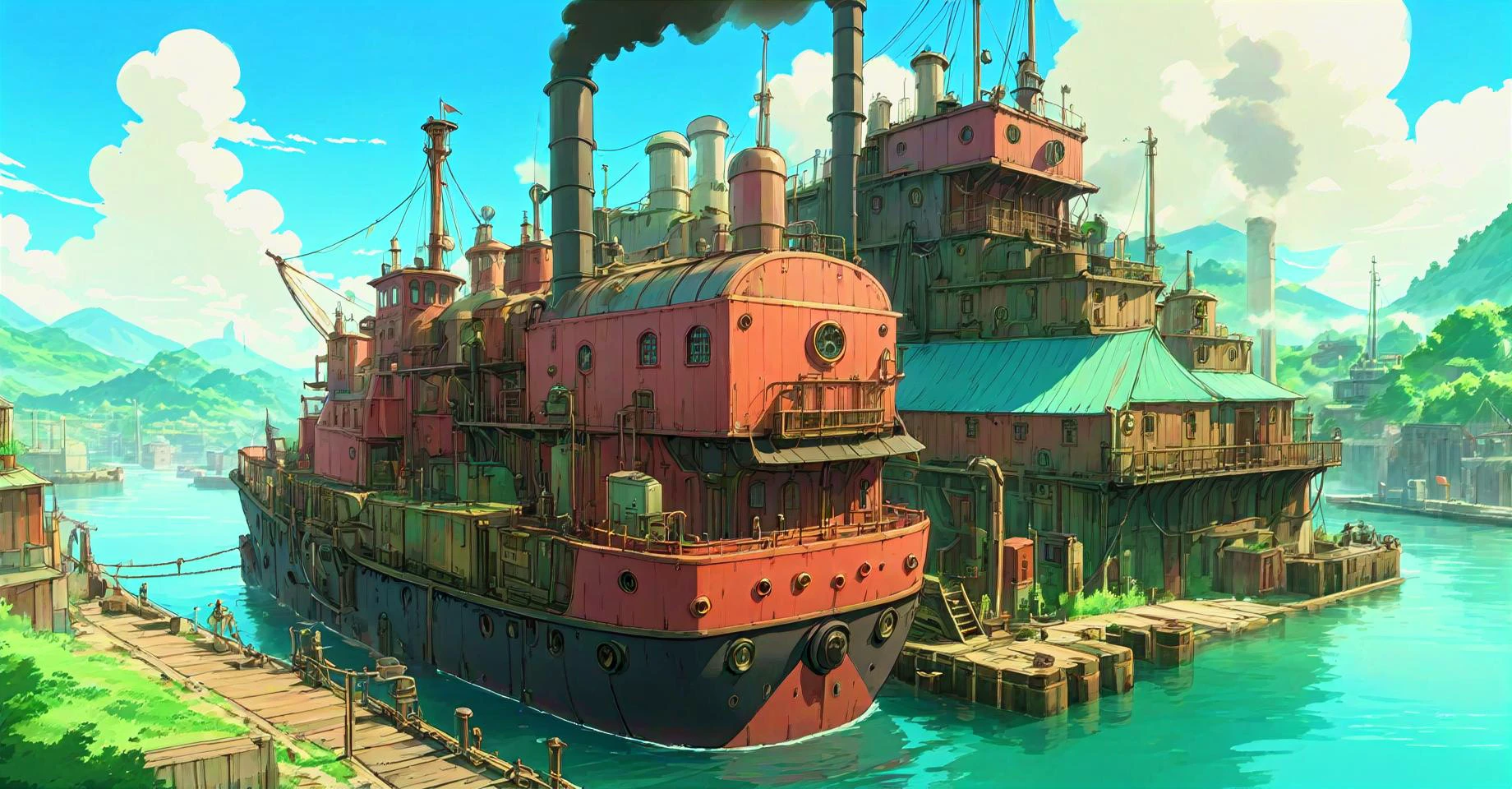 ((masterpiece.)) A transportation ship enters the docks of an industrial, steam-punk port of a small port village in a new, fertile, largely undeveloped new land. Exploration, adventure. Vibrant colors. <lora:extremely_detailed:0.4> extremely detailed <lora:stylesqueeze_v3_xl:0.75> <lora:Studio Ghibli Style:1.0> Studio Ghibli Style