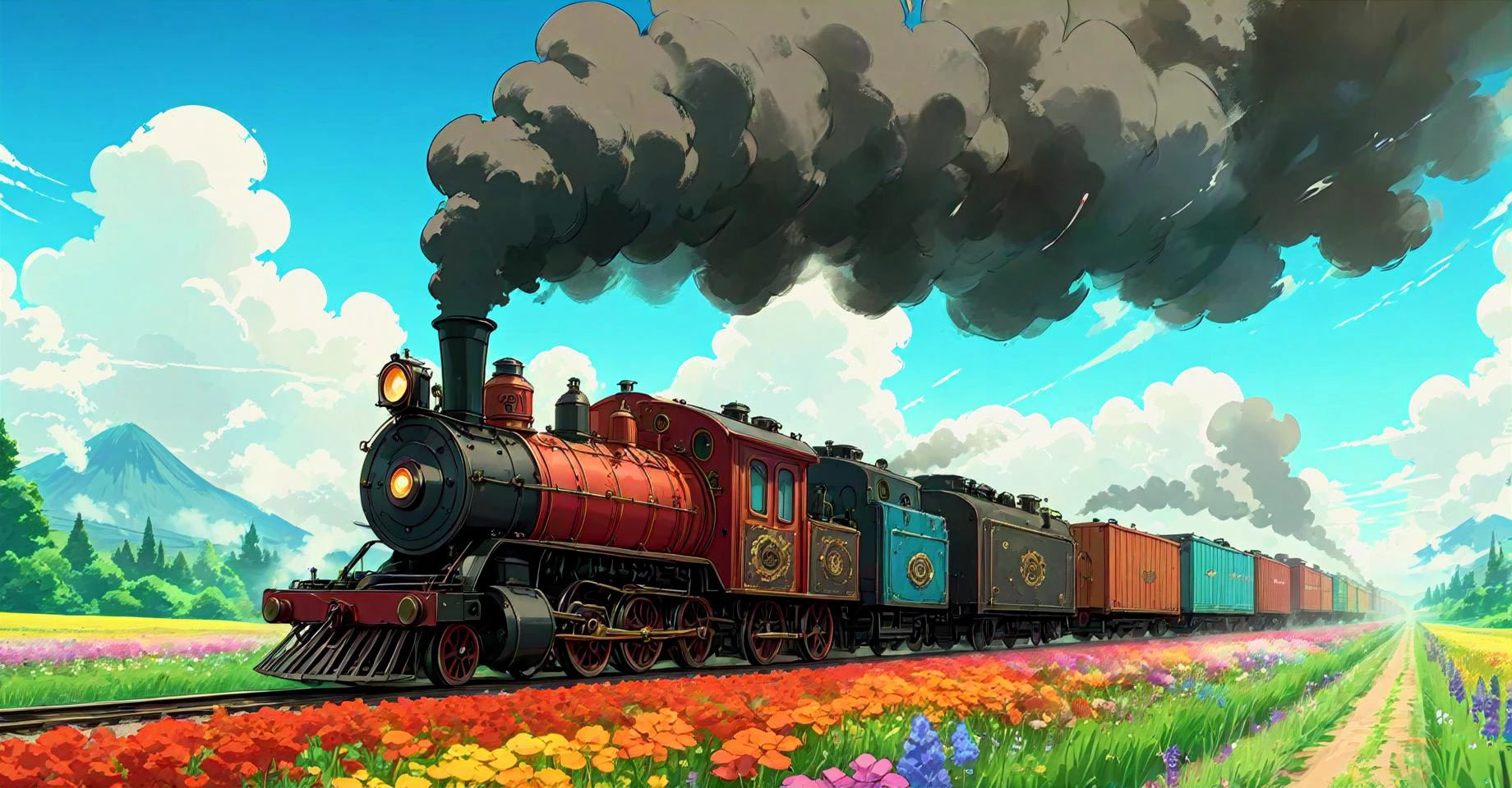 ((masterpiece.)) A steam-powered steampunk train engine chugs clouds of black smoke, while towing several matching box and cargo units behind it. The train traverses a field of vibrantly colored flowers. <lora:extremely_detailed:0.4> extremely detailed <lora:stylesqueeze_v3_xl:0.75> <lora:Studio Ghibli Style:1.0> Studio Ghibli Style