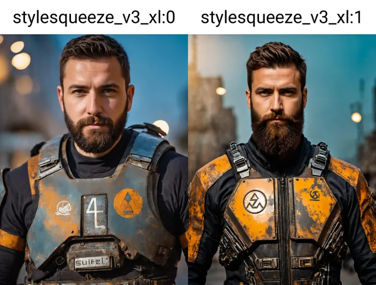 close up Portrait photo <lora:stylesqueeze_v3_xl:0> of muscular bearded guy, in a worn scuffed half life HEV suit, ((light bokeh)), intricate, half life greek delta logo on suit, (steel metal [rust]), elegant, sharp focus, soft lighting, vibrant colors, masterpiece, ((streets)), detailed face