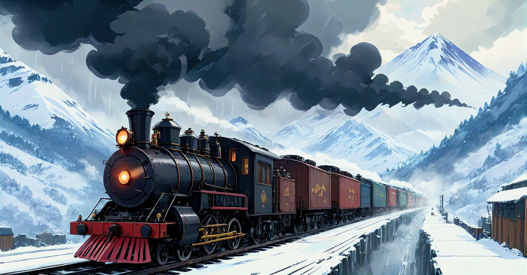 ((masterpiece.)) A steam-powered steampunk train engine chugs clouds of black smoke, while towing several matching box and cargo units behind it. The train traverses an epic wintery snowy mountain on the opposite side facing the camera. Stormy, unpleasant weather -- rain, light winds. Hauntingly beautifully dreary. <lora:extremely_detailed:0.4> extremely detailed <lora:stylesqueeze_v3_xl:0.75> <lora:Studio Ghibli Style:1.0> Studio Ghibli Style
