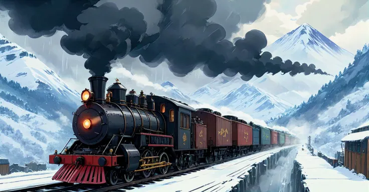 ((masterpiece.)) A  steam-powered steampunk train engine chugs clouds of black smoke, while towing several matching box and cargo units behind it. The train traverses an epic wintery snowy mountain on the opposite side facing the camera. Stormy, unpleasant weather -- rain, light winds. Hauntingly beautifully dreary.  <lora:extremely_detailed:0.4> extremely detailed <lora:stylesqueeze_v3_xl:0.75>  <lora:Studio Ghibli Style:1.0> Studio Ghibli Style